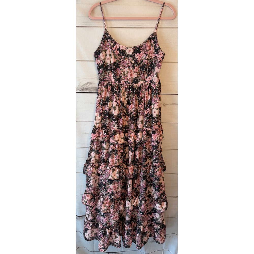 Altar'd State Floral Tiered Maxi Dress Black Pink Ruffle Boho 12072-07A Medium
